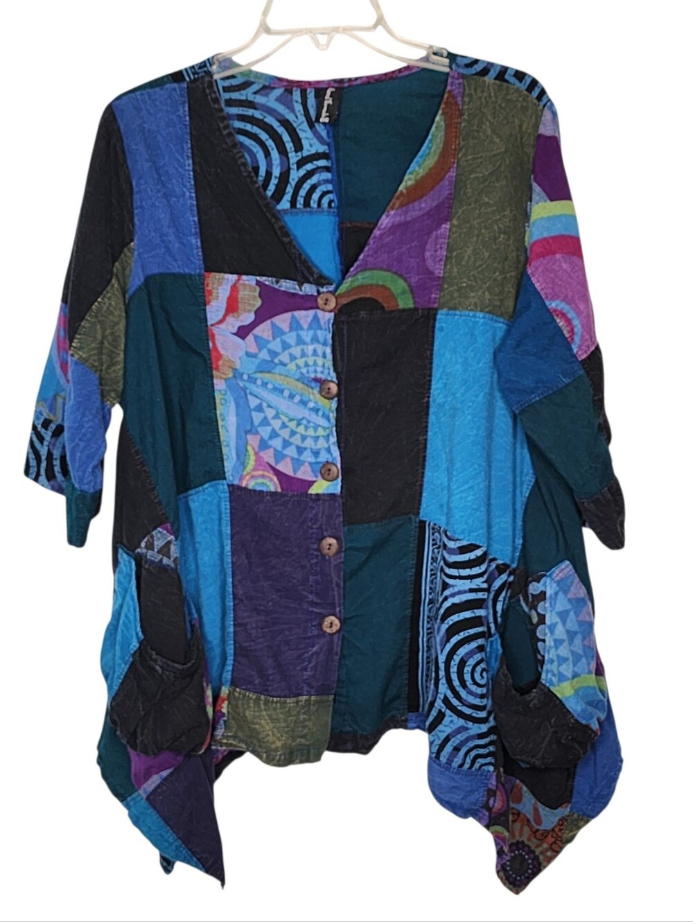 Sacred Threads Boho Art To Wear Patchwork Button Front Top With Pockets One Size